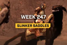 An armored rider sits on a saddled Slinker beneath text reading Week 247 Slinker Saddles.