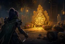 An armored adventurer approaches an illuminated shrine inside a dark, cluttered fantasy dungeon.