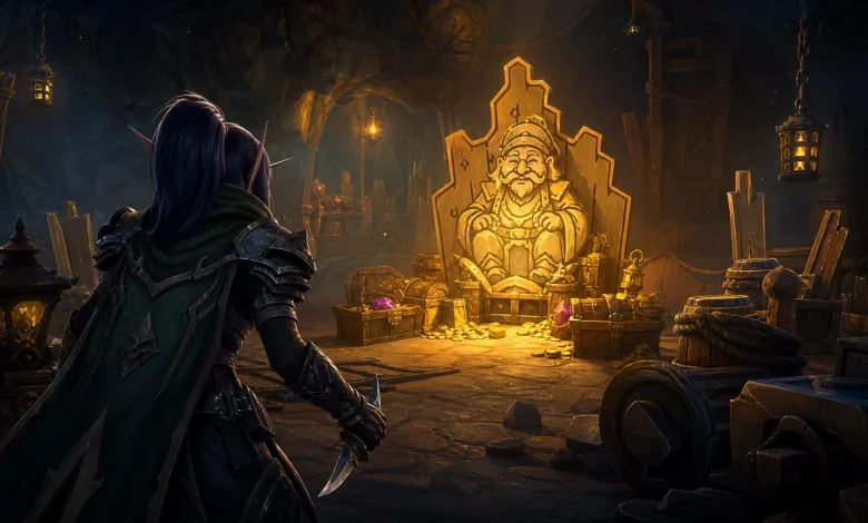 An armored adventurer approaches an illuminated shrine inside a dark, cluttered fantasy dungeon.