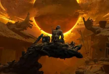 A lone figure sits on a twisted mass beneath a glowing orange anomaly in a ruined settlement.