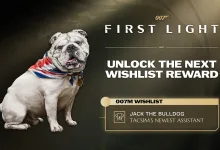 Promotional artwork for 007 First Light showing Jack the Bulldog beside text announcing him as the next wishlist reward.