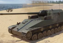 Japanese Ho-Ri self-propelled gun driving across a beach in War Thunder