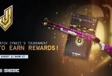 Rainbow Six Siege promotional artwork showing a pink weapon skin and text inviting viewers to watch Jynxzi's tournament on August 11 to earn rewards
