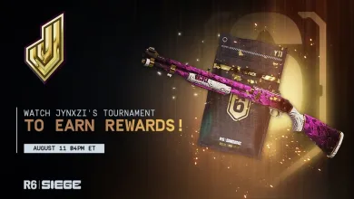 Rainbow Six Siege promotional artwork showing a pink weapon skin and text inviting viewers to watch Jynxzi's tournament on August 11 to earn rewards