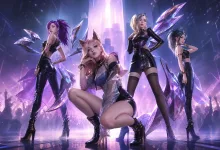 Four stylized female virtual pop performers on a purple-lit concert stage with an cheering audience