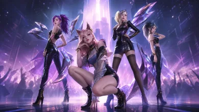 Four stylized female virtual pop performers on a purple-lit concert stage with an cheering audience