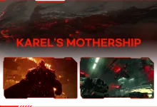 Official Season 4 artwork labeled Karel's Mothership, showing a towering enemy and red-lit combat scenes from The First Descendant