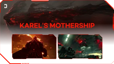 Official Season 4 artwork labeled Karel's Mothership, showing a towering enemy and red-lit combat scenes from The First Descendant
