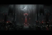 A dark interior scene inside Karel's Mothership, with a red-lit structure and armored figures gathered around it