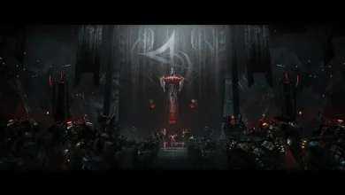 A dark interior scene inside Karel's Mothership, with a red-lit structure and armored figures gathered around it