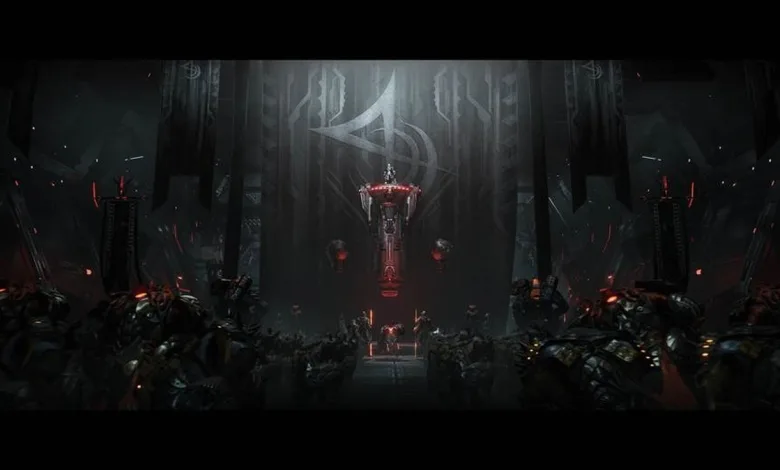 A dark interior scene inside Karel's Mothership, with a red-lit structure and armored figures gathered around it