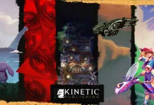 A collage of colorful scenes from Kinetic Publishing indie games, including a starship, fantastical characters, and other game worlds