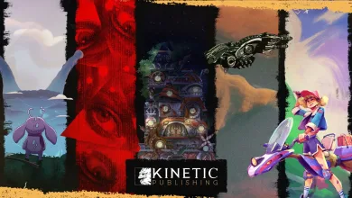 A collage of colorful scenes from Kinetic Publishing indie games, including a starship, fantastical characters, and other game worlds