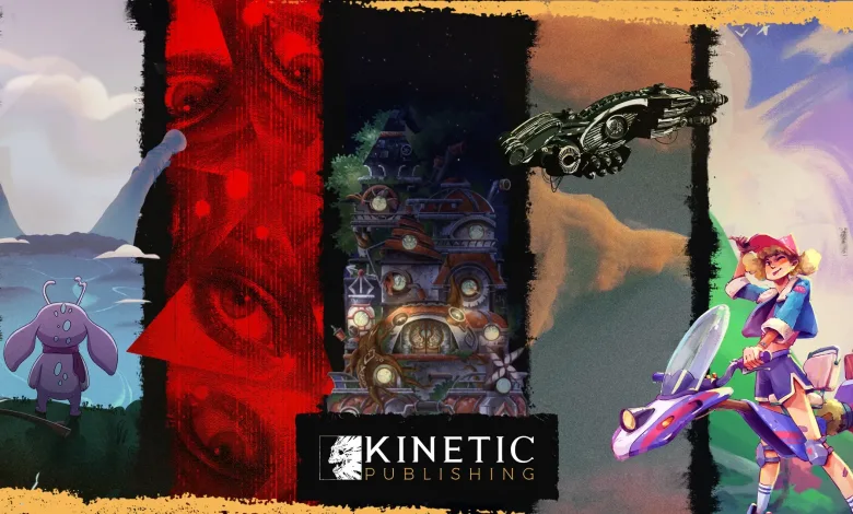 A collage of colorful scenes from Kinetic Publishing indie games, including a starship, fantastical characters, and other game worlds