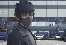Masked Kingdom Hearts 4 character standing in a city street in Quadratum