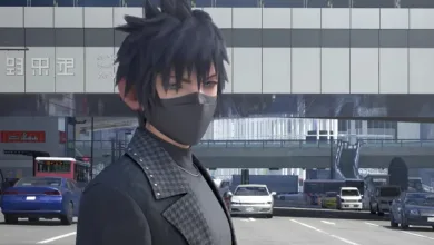 Masked Kingdom Hearts 4 character standing in a city street in Quadratum
