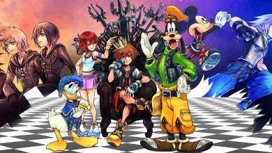 Kingdom Hearts characters including Sora, Donald Duck, Goofy, Mickey Mouse and other series characters