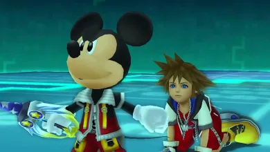 Sora and Mickey Mouse standing together in Kingdom Hearts gameplay