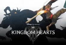 Kingdom Hearts IV artwork showing a character battling a large dark creature above the Kingdom Hearts logo