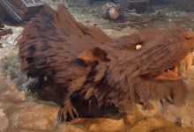 A large brown rat-like creature lies on the ground in a fantasy game environment.