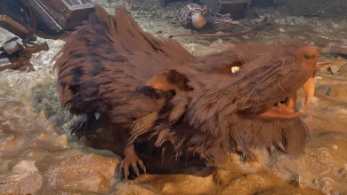 A large brown rat-like creature lies on the ground in a fantasy game environment.