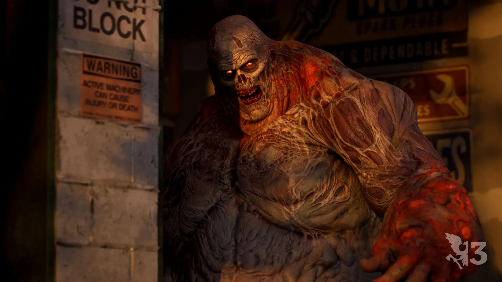 Large freak zombie standing in an industrial doorway