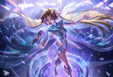 A League of Legends champion holding a microphone and performing amid blue and pink stage lights