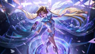 A League of Legends champion holding a microphone and performing amid blue and pink stage lights