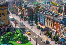 A colorful brick-built city street with shops, traffic, pedestrians, and trees in Lego Skylines.
