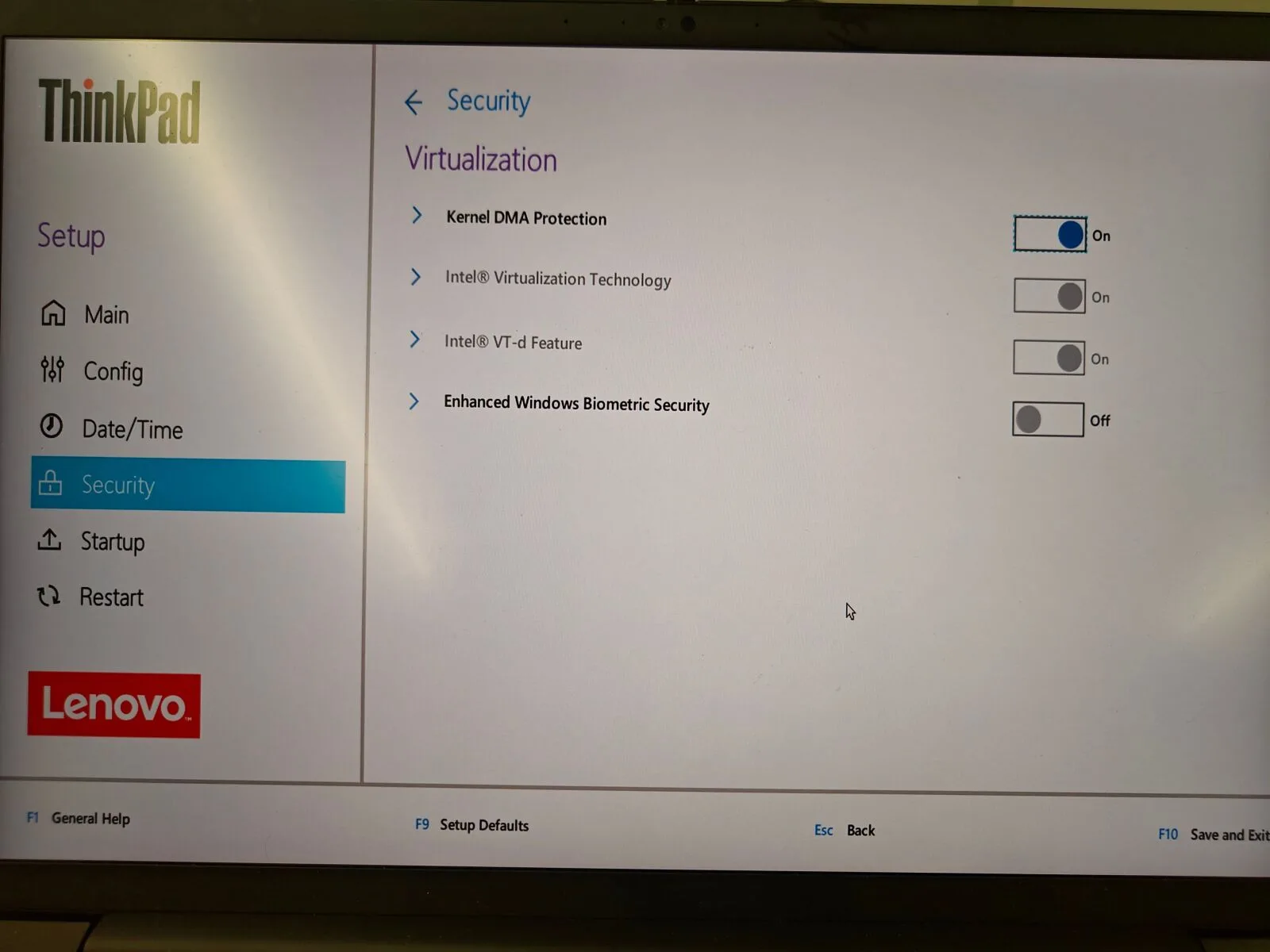 Lenovo ThinkPad Security and Virtualization menu with DMA settings