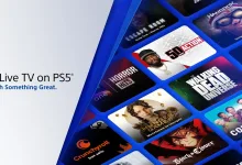 Promotional graphic for Live TV on PS5 showing a grid of entertainment channel tiles.