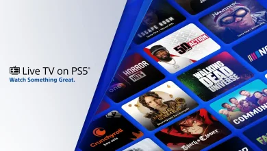 Promotional graphic for Live TV on PS5 showing a grid of entertainment channel tiles.