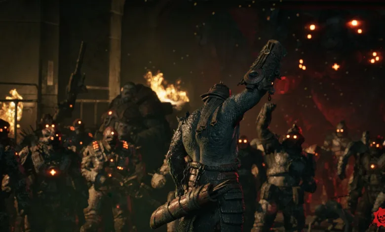 Locust enemies attack during the Gears of War: E-Day campaign