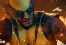 Close-up of Logan as Wolverine in armor amid flames in Marvel's Wolverine