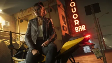 Lucia sits on a yellow motorcycle outside the Quor Bar at night in Grand Theft Auto VI