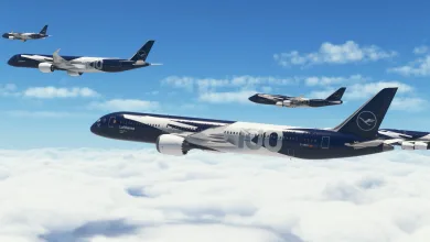 Several Lufthansa aircraft, including a dark blue jet marked 100, flying above the clouds