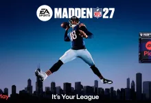 Madden NFL 27 football player leaping above a city skyline with EA Play branding