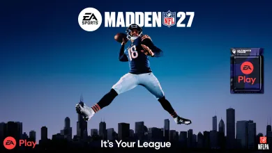 Madden NFL 27 football player leaping above a city skyline with EA Play branding