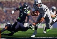 Madden NFL 27 gameplay showing a football player running with the ball as defenders pursue