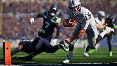 Madden NFL 27 gameplay showing a football player running with the ball as defenders pursue