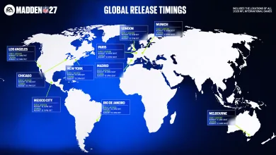 Official Madden NFL 27 map showing Early Access and worldwide launch times for cities around the world