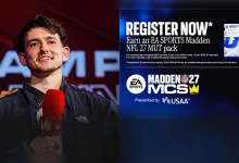 Madden NFL 27 MCS registration graphic beside a person holding a microphone
