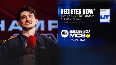 Madden NFL 27 MCS registration graphic beside a person holding a microphone