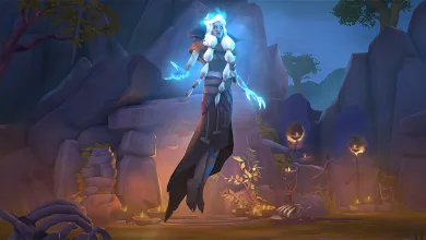 A glowing blue spectral oracle stands among rocky ruins and candles in Albion Online artwork
