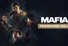 Mafia artwork showing four suited crime-game characters beside the words “Mafia Franchise Sale.”