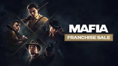 Mafia artwork showing four suited crime-game characters beside the words “Mafia Franchise Sale.”
