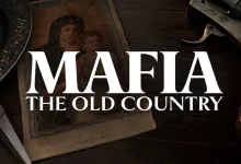 Mafia: The Old Country logo over a tabletop scene with a family photograph and pistol