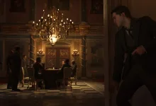 A suited man moves through a candlelit room as several people gather around a table.