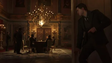 A suited man moves through a candlelit room as several people gather around a table.