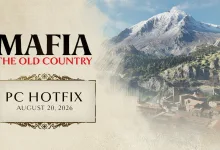 Mafia: The Old Country PC Hotfix dated August 20, 2026 over a mountain landscape